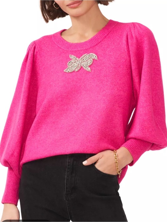CeCe Sweaters - CeCe Bright Pink Puff-Sleeve Crewneck Sweater with Crystal Brooch